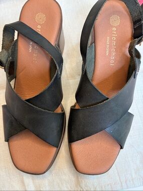 Eric Michael Army Green  Leather Crisscross Slingback Sandals with Block Heels